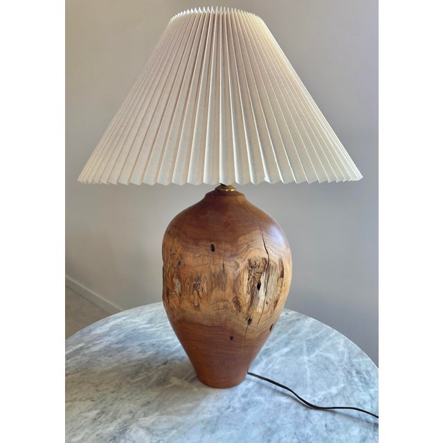 Carved Turned Wood Log Artisan Rustic Lamp + Pleated Shade For Sale - Image 10 of 18