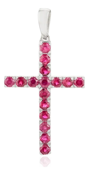 Round Cut Ruby Cross Charm Pendant Crafted in 18k Solid White Gold