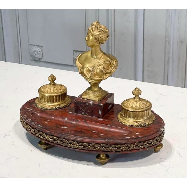 French Antique French Gilt Bronze Inkwell on Rouge Marble Stand For Sale - Image 3 of 7