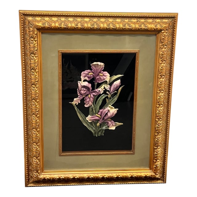 Vintage Art Nouveau Style 3D Shadow Box Gold Gilded Frame with Floral Iris For Sale