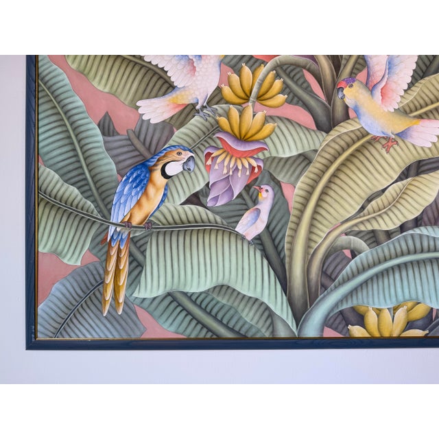 Oversize- Vintage Balinese Tropical Birds & Banana Leaf Acrylic Painting on Canvas For Sale - Image 9 of 14