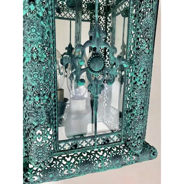 1950s Mediterranean Decorative Patina 3 Light Cluster Lanterns With Matching Chain and Canopy - Pair For Sale In West Palm - Image 6 of 12