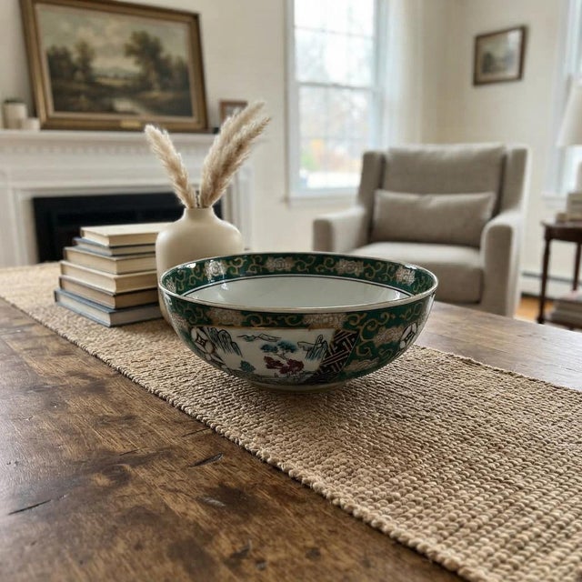 1980s Vintage Oriental Imari Emerald Green Flora Landscape Porcelain Bowl Art For Sale - Image 5 of 9