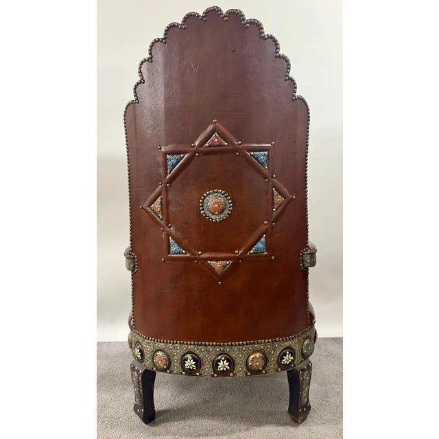 1980s Portuguese Colonial Style Leather & Filigree Design Throne Chair For Sale - Image 5 of 12