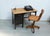 Antique typewriter desk / small writing desk with a roll-top door on the left and four drawers, in dark and light walnut,...
