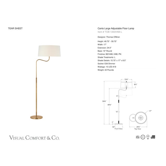 Thomas O'Brien by Visual Comfort Signature Canto Large Adjustable Floor Lamp in Hand-Rubbed Antique Brass with Linen Shade...