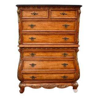 Legacy Carved Bombe Tall Chest French Style Pine Dresser W/Gold Details For Sale
