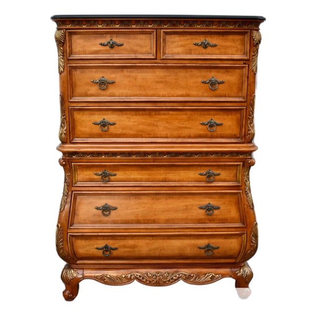 Legacy Carved Bombe Tall Chest French Style Pine Dresser W/Gold Details For Sale