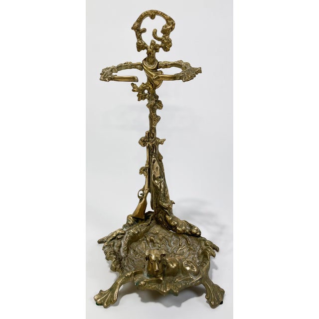 Art Nouveau Antique French Cast Brass Hunting Motif Umbrella Stand or Fireplace Tool Holder For Sale - Image 3 of 7