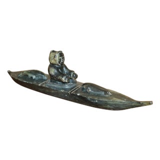 Fine Alex Patsauq 1917 Signed Serial Number Inuit Eskimo Soapstone Kayak Carving For Sale