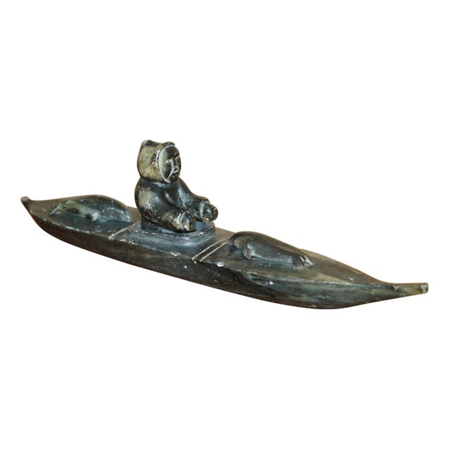 Fine Alex Patsauq 1917 Signed Serial Number Inuit Eskimo Soapstone Kayak Carving For Sale