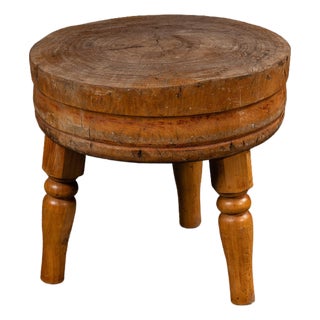Early 20th Century Round Butcher Block Coffee Table on Wooden Legs For Sale