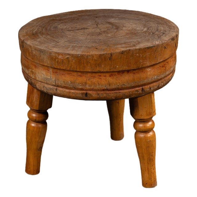 Early 20th Century Round Butcher Block Coffee Table on Wooden Legs For Sale