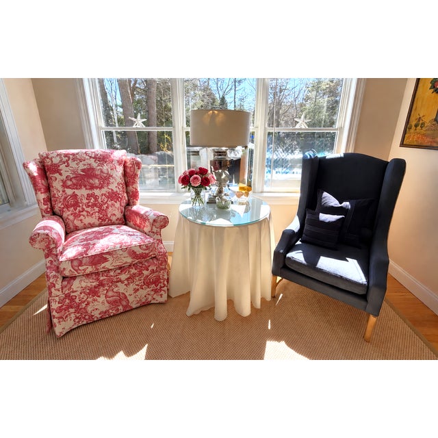 Red Custom Wingback Chair in Red Raspberry and Cream in Heritage Toile by Brunschwig & Fils For Sale - Image 8 of 17