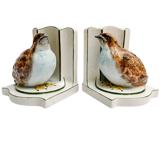 Vintage pair of Italian porcelain bookends imported by Nora Fenton and featuring beautifully detailed birds (quails or...