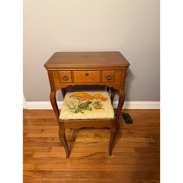 Antique, Functional Electric Sewing Machine Model 15-91 Wooden Desk With Needlepoint Bench For Sale - Image 4 of 6