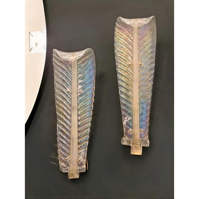Mid-Century Modern Iridescent Murano Glass Wall Lamps from Barovier & Toso, Italy, 1940s, Set of 2 For Sale - Image 3 of 11