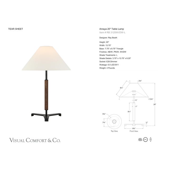 Ray Booth by Visual Comfort Signature Amaya 20" Table Lamp in Warm Iron and Dark Walnut with Linen Shade Designer: Ray...