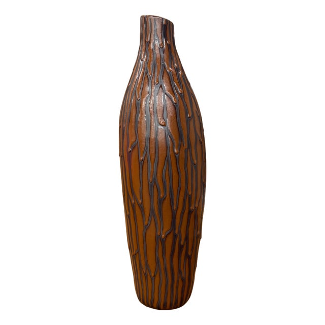 Textured Brown & Black Drip Glaze Ceramic Vase For Sale