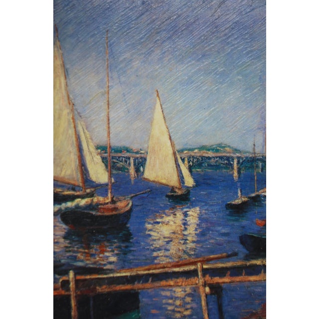 A vibrant and luminous harbor scene depicting several sailing vessels on brilliantly blue water, with a distant coastline...