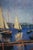 A vibrant and luminous harbor scene depicting several sailing vessels on brilliantly blue water, with a distant coastline...