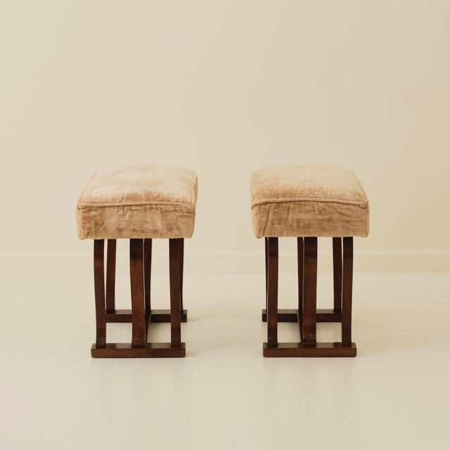 Italian Art Deco Stools With Wavy Dark Wood Legs, a Pair, 1940's For Sale - Image 4 of 9