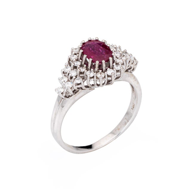 Ruby Diamond Ring Estate 14k White Gold Vintage Cocktail Band Jewelry Sz 8 For Sale - Image 4 of 7