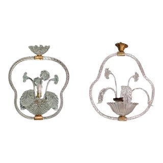 Set of 2 Blue and Transparent Barovier E Toso Light With Flowers, 1940s For Sale