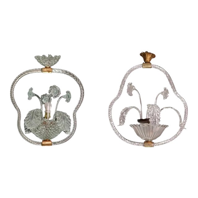 Set of 2 Blue and Transparent Barovier E Toso Light With Flowers, 1940s For Sale