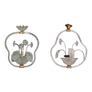 Set of 2 Blue and Transparent Barovier E Toso Light With Flowers, 1940s