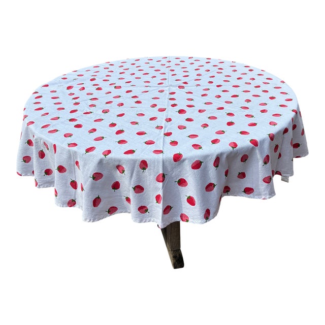Kate Spade-72” Round White Tablecloth With Printed Red Strawberries For Sale