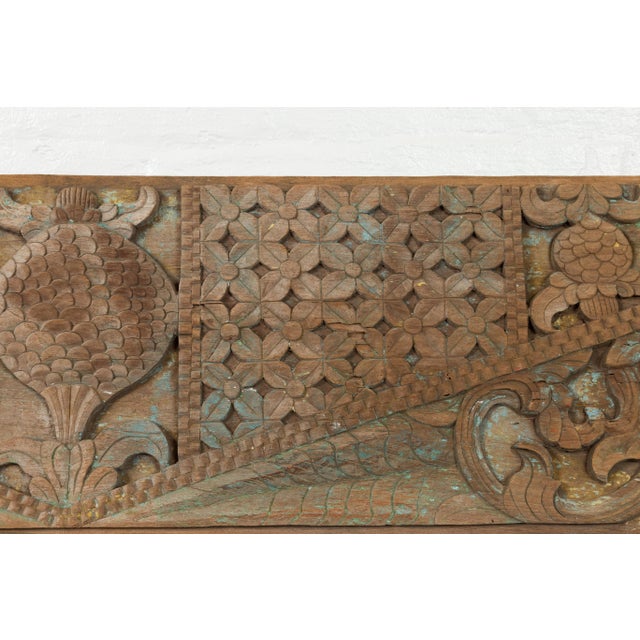Asian Mid 19th Century Indonesian Carved Wood with Traces of Blue Paint Overdoor Panels - A Pair For Sale - Image 3 of 6
