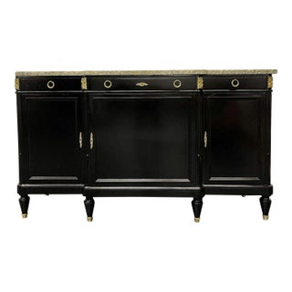 Ebony Hollywood Regency Louis XVI Style Bronze Mounted Sideboard, Marble Top For Sale