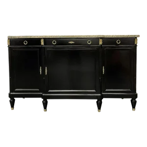 Ebony Hollywood Regency Louis XVI Style Bronze Mounted Sideboard, Marble Top