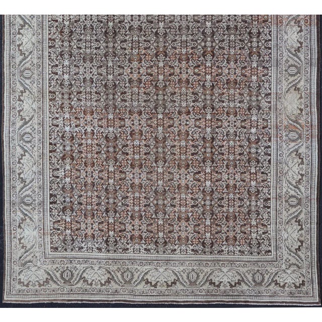 Antique Mahal Persian Carpet with All-Over Herati Design in Ivory, Gray & Brown. Keivan Woven Arts / rug NA-170091,...