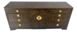 1970s Burl Wood Brass Hardware 2 Doors Compartment Long Dresser Credenza