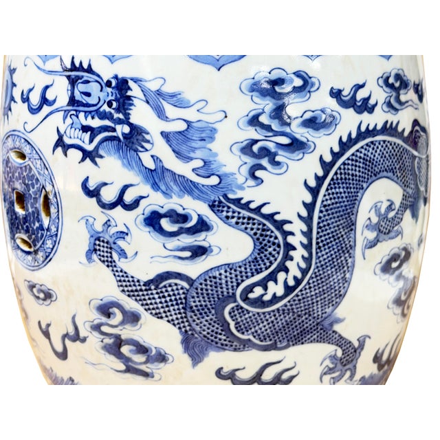 Blue 10" Chinese Blue White Porcelain Double Dragons Round Shape Stand Display Art For Sale - Image 8 of 18