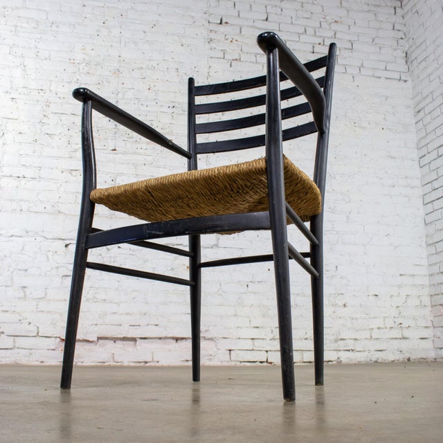 Mid 20th Century Mid-20th Century Italian MCM Ladderback Armchair Black Frame With Rush Seat Manner of Gio Ponti For Sale - Image 5 of 18