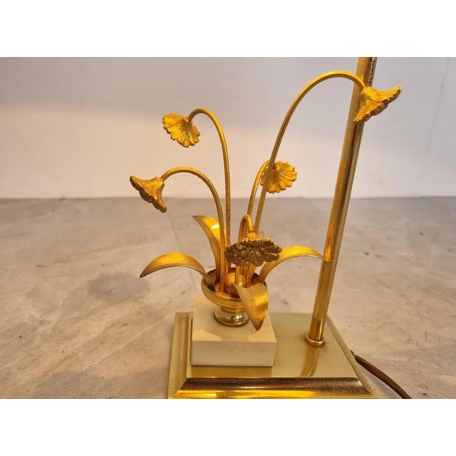 Cream Vintage Brass Flower Table Lamp attributed to Massive, 1970s For Sale - Image 8 of 12