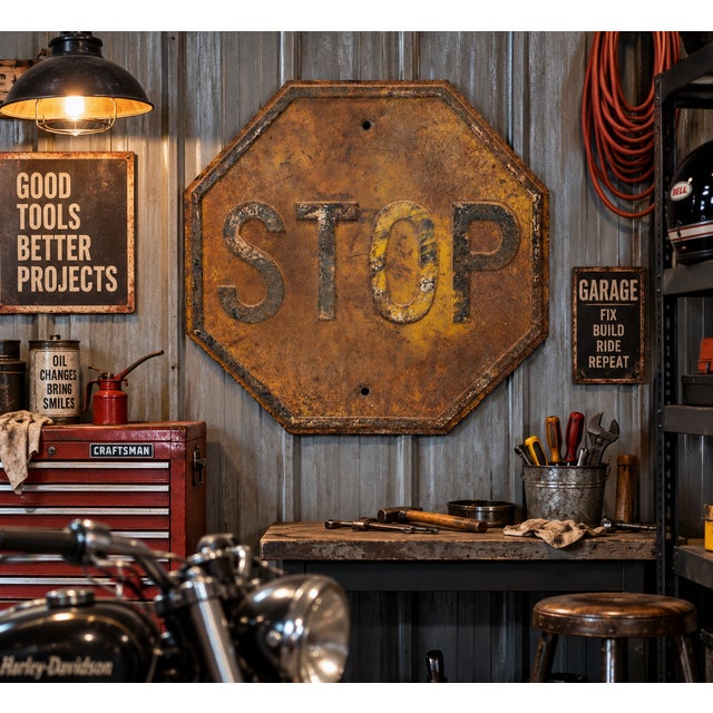 Yellow Vintage American Embossed Yellow & Black Steel Stop Road Sign, 24-Inch For Sale - Image 8 of 8