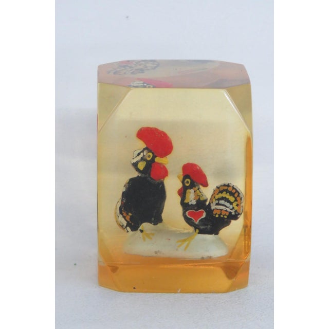 Barcelos Roosters Encased Lucite Souvenir Paperweight Amber Tinted Acrylic 5105b For Sale - Image 13 of 15