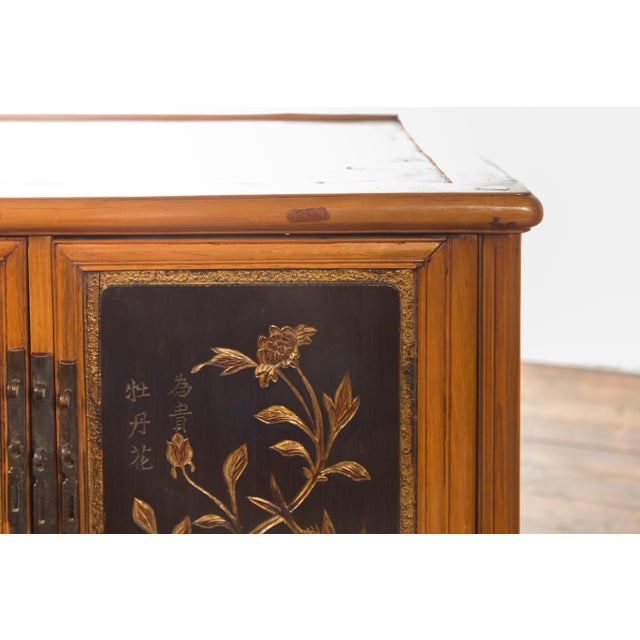 Brown Two Chinese Qing Dynasty Fruitwood Side Cabinets with Carved Décor, Sold Each For Sale - Image 8 of 12