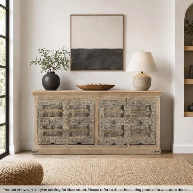Dimensions: 85"W X 20"D X 40"H Features: • 100% solid wood sideboard • Antique Indian doors repurposed • Early 1900s hand...