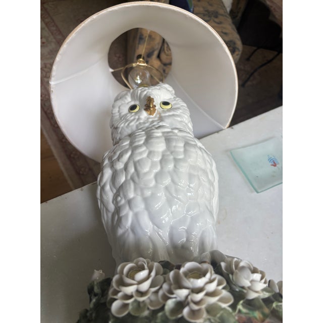 Bring timeless elegance and whimsical charm to your home with this vintage Mottahedeh majolica owl table lamp, a...
