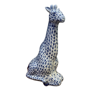 Vintage MCM Andrea by Sadek Blue & White Painted Fishnet Sitting Giraffe 13" Tall Figurine