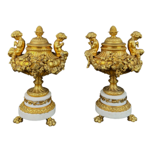 Pair of White Marble Ormolu Mounted Urns, France, Circa 19th C