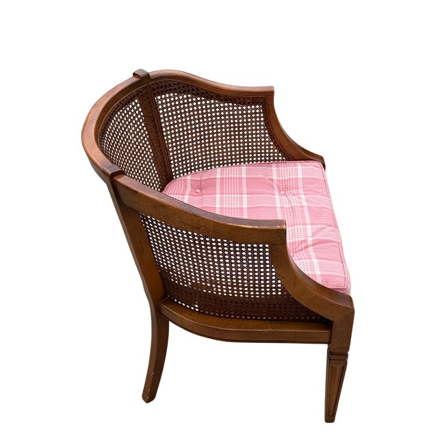 Vintage Mid-Century Modern Cane Barrel-Back Armchair | Hollywood Regency Neoclassical Revival | Tufted Pink Plaid Upholstery For Sale - Image 9 of 18
