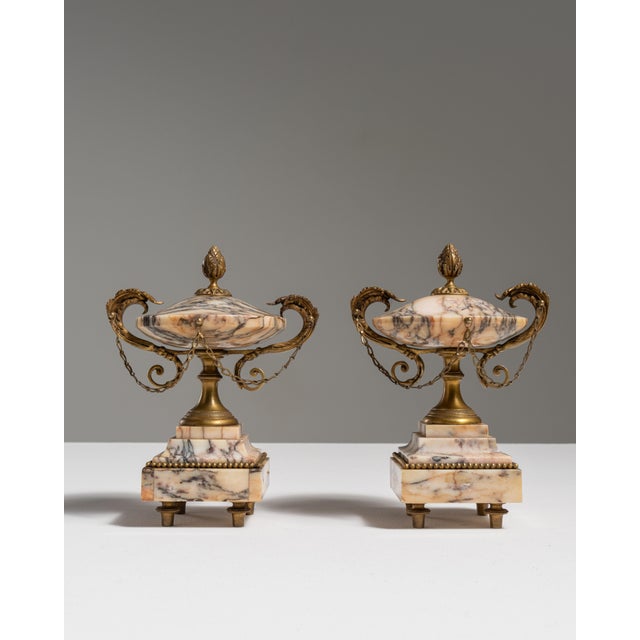 Metal Pair of 19th Century French Rose Louis XVI Marble & Brass Cassolettes For Sale - Image 7 of 15