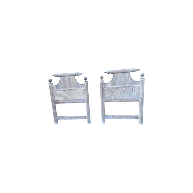 Wood Late 20th Century Pair of Pencil Reed Bamboo Pagoda Twin Headboards White Washed. For Sale - Image 7 of 10