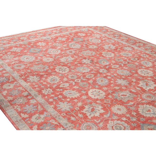 2010s Modern Red Indian Wool Rug Handmade With Allover Floral Motif For Sale - Image 5 of 7